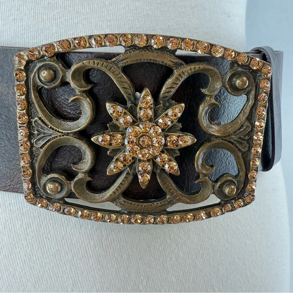 Stunning Brown Leather Wide Belt with Rhinestone Embellished Bronze Buckle